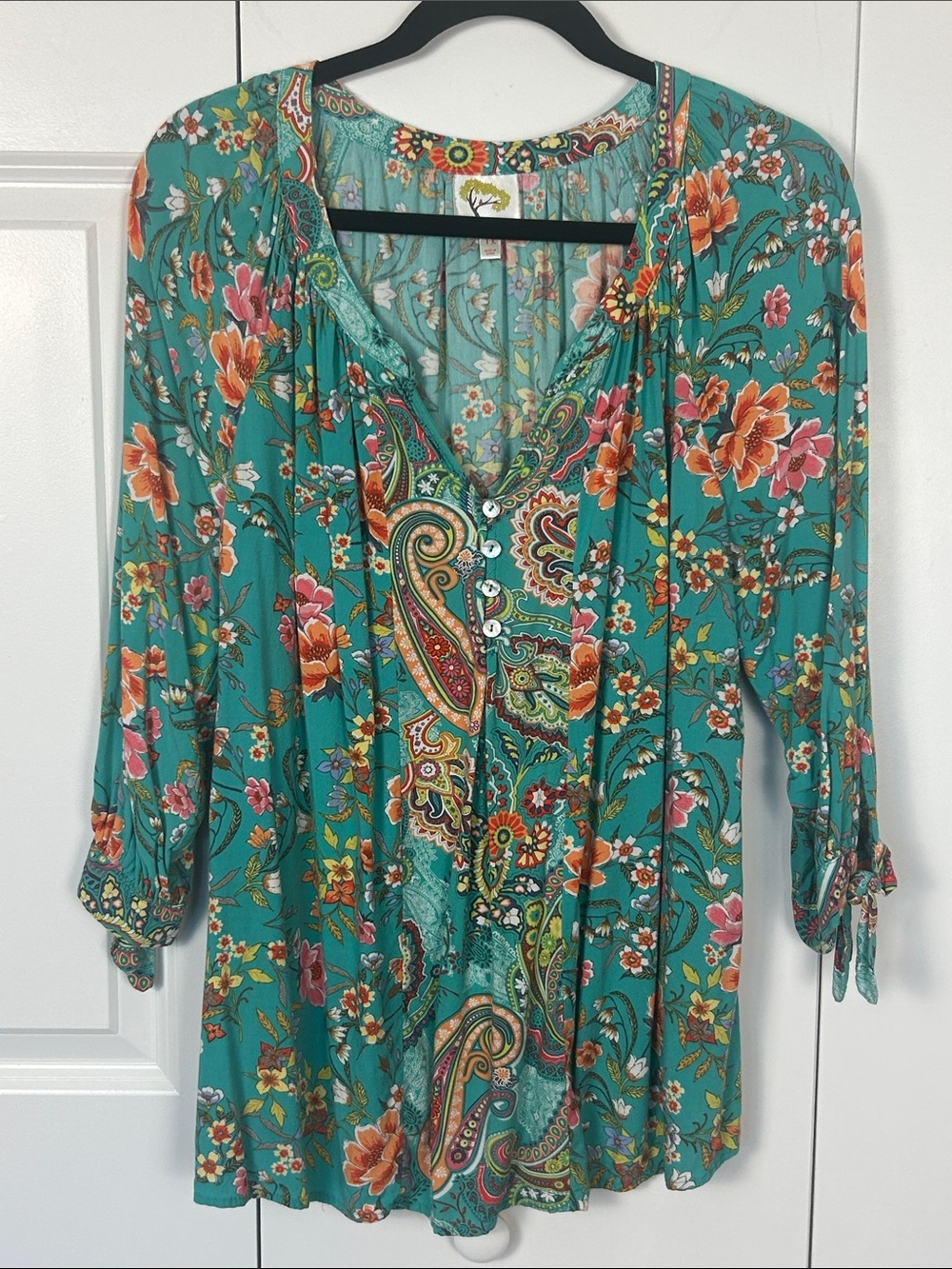 fig and flower Teal Floral Paisley Button-Front Tunic Size 1X